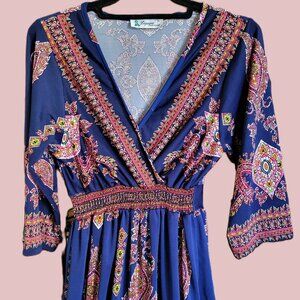 Lapogee Blue Boho Maxi dress Large Empire Waist Deep V Neck